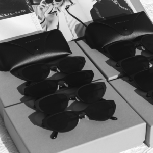 Titanium sunglasses with care kit — microfiber cloth and case, manufacturer's maintenance guide for brands