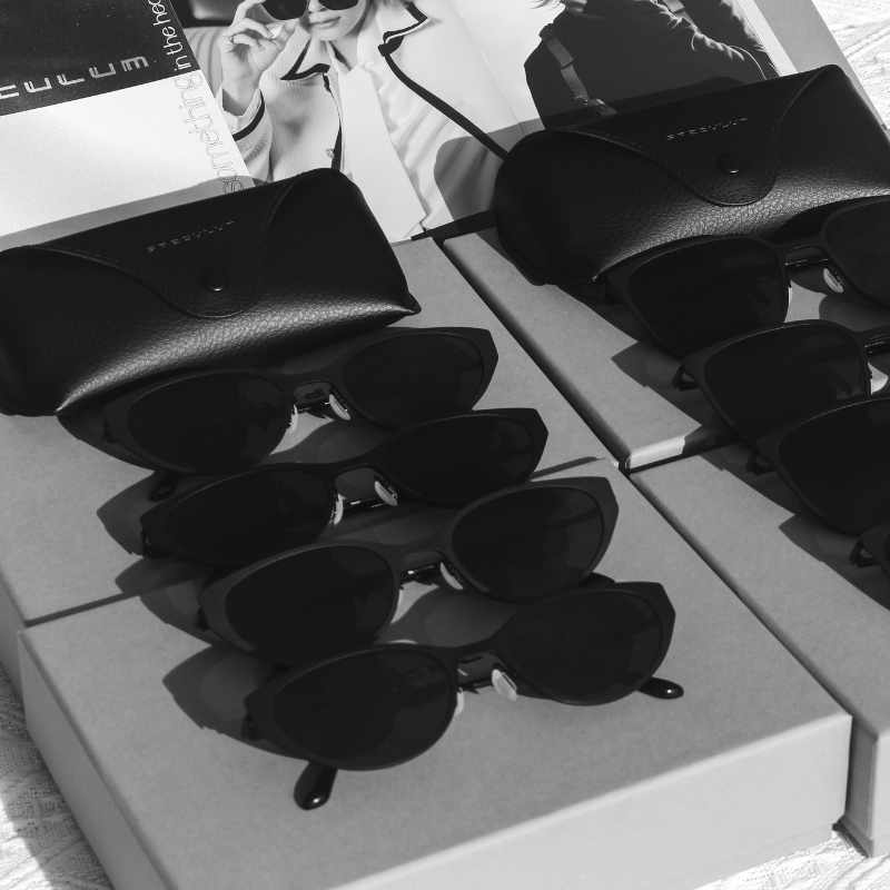 Titanium sunglasses with care kit — microfiber cloth and case, manufacturer's maintenance guide for brands