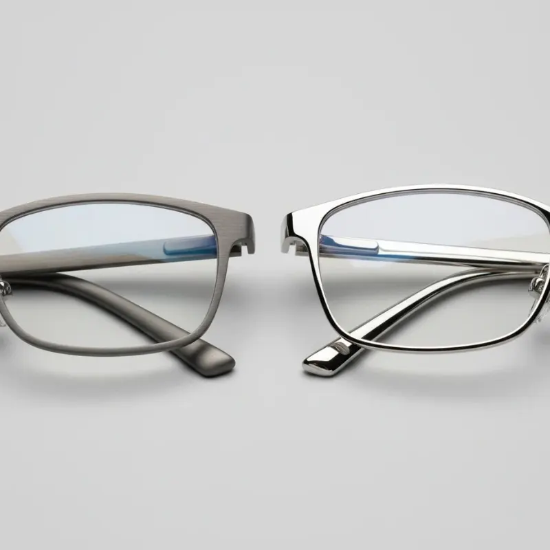 Titanium sunglasses frame beside stainless steel frame — material comparison for eyewear brands