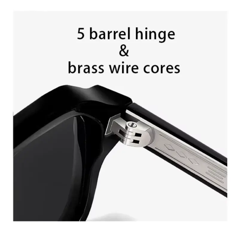 TR90 sunglasses temples with standard, spring, and molded-in hinge construction side by side