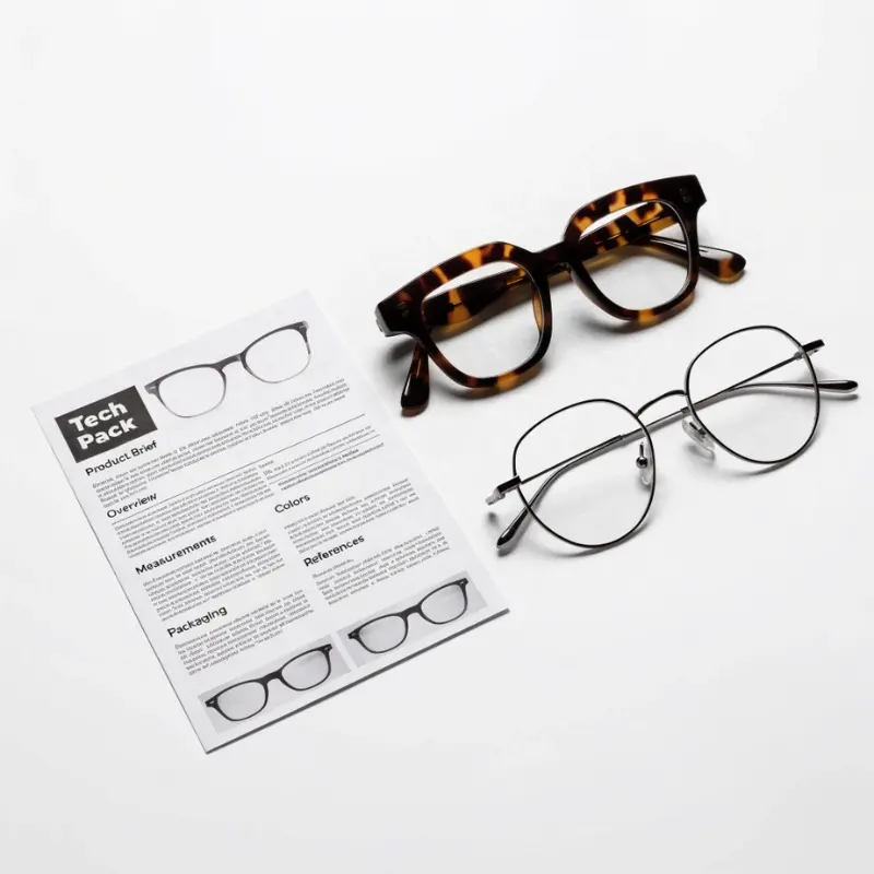 First-time brand buyer reviewing eyewear samples with a Chinese factory — product brief and sample inspection