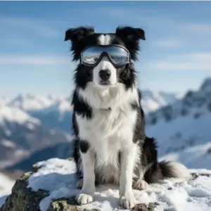 Border Collie sitting on a snowy mountain summit wearing wraparound goggles