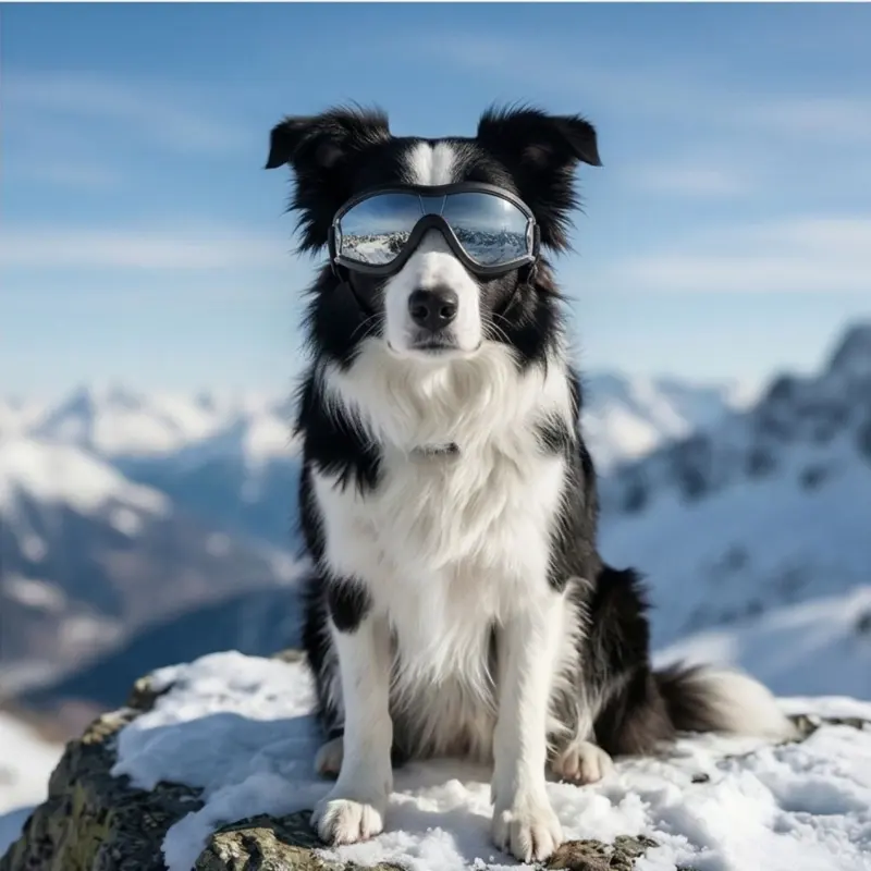 Border Collie sitting on a snowy mountain summit wearing wraparound goggles