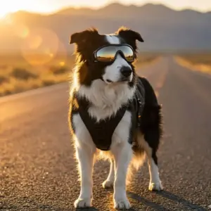 Border Collie wearing wraparound goggles and a harness on an open road at sunset