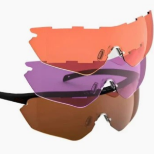 Sports sunglasses frame with three interchangeable lenses in orange, purple, and brown stacked to show the lens-swap system