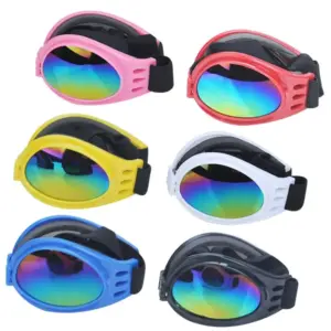 Six colors of foldable pet goggles with elastic straps on a white background