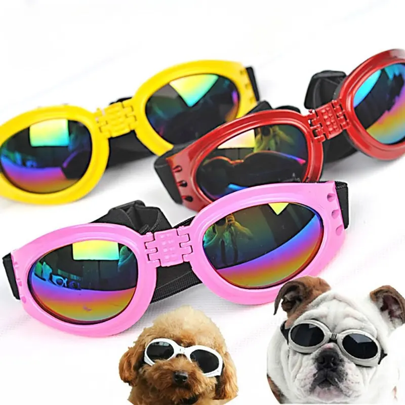 Multiple colors of foldable pet sunglasses displayed with a Poodle and Bulldog wearing goggles