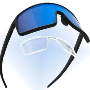 Sports sunglasses with a removable RX insert prescription lens shown detached from the mirrored outer lens