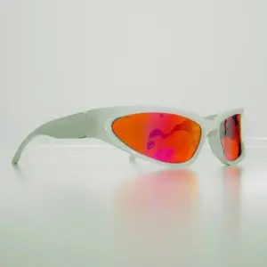 White wraparound sports sunglasses with mirrored orange lens shown from a side angle