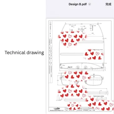 Technical drawing for custom sunglasses design