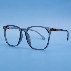 Translucent blue-gray acetate optical frame with clear lenses and decorative metal hinge hardware on a blue background