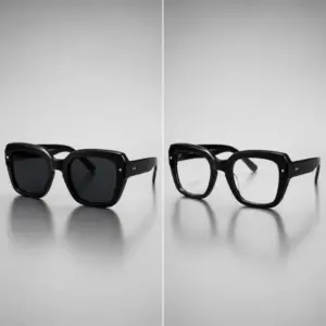 Side-by-side comparison of the same acetate frame style built as sunglasses with dark lenses on the left and as an optical frame with clear lenses on the right