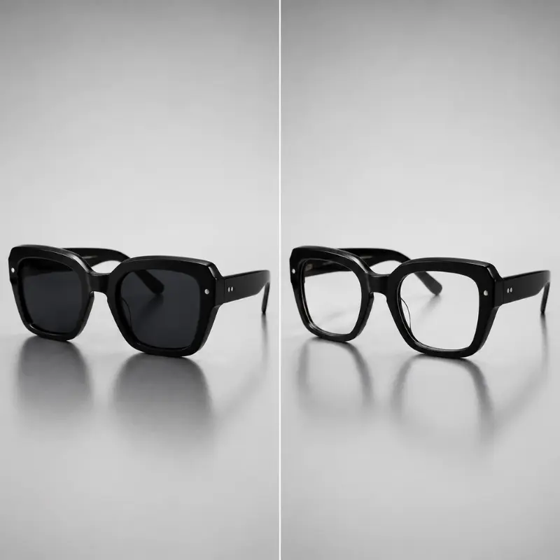 Side-by-side comparison of the same acetate frame style built as sunglasses with dark lenses on the left and as an optical frame with clear lenses on the right