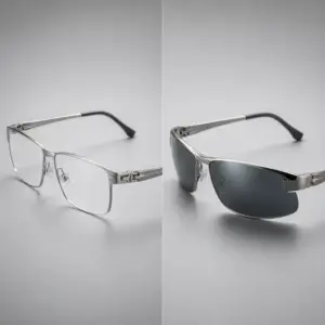 Metal optical frame with demo lens next to metal sunglasses with tinted lens, showing hinge and rim construction differences