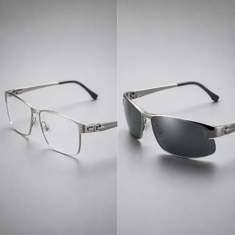 Metal optical frame with demo lens next to metal sunglasses with tinted lens, showing hinge and rim construction differences