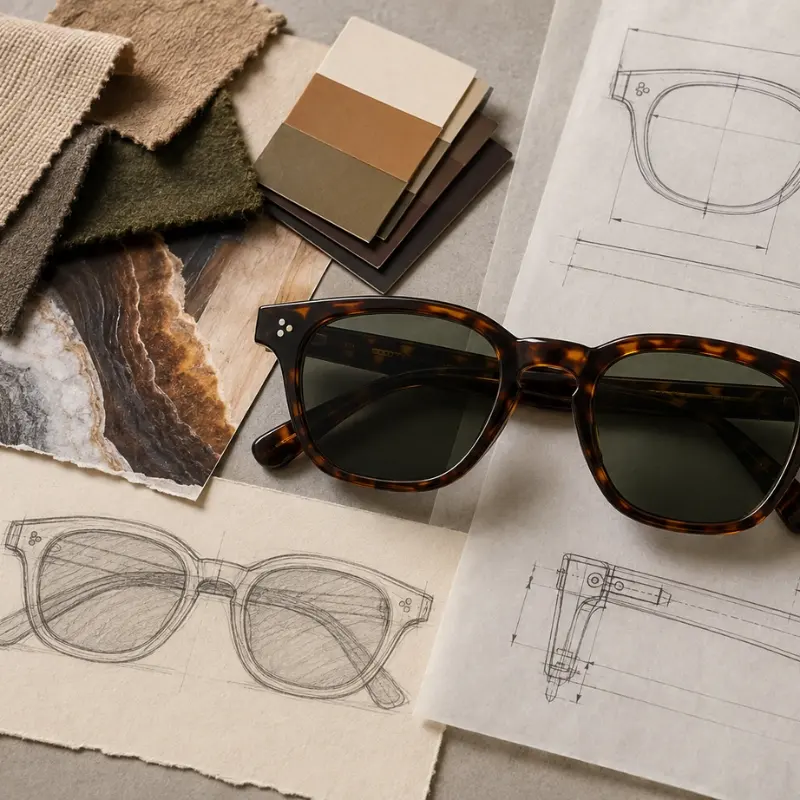Designer moodboard with fabric swatches, color palette, and a hand-drawn sunglasses sketch beside technical line drawings and a finished tortoiseshell acetate frame, showing the translation from visual reference to manufacturable eyewear design